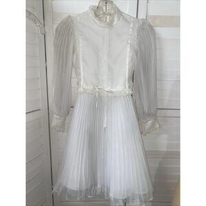 Vintage 70s Girl’s White Ruffle Chiffon Sunday Best Dress Made in USA Union 12